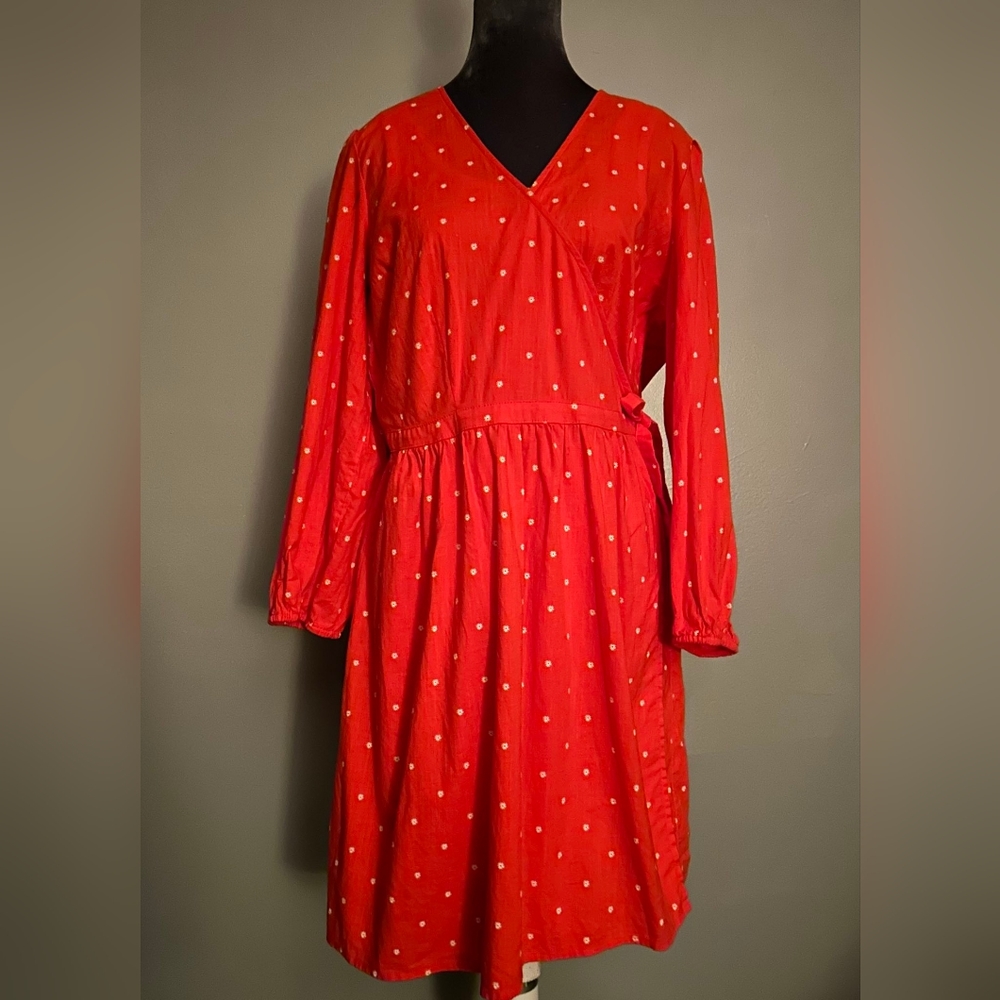 Old Navy Red Cotton Wrap Dress Floral Details Size Large